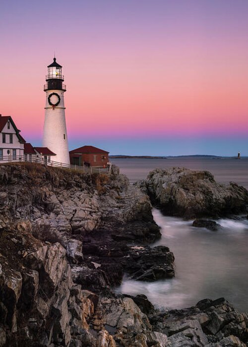 Maine Greeting Card featuring the photograph Maine Portland Headlight Lighthouse at Sunset Panorama #1 by Ranjay Mitra