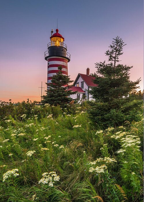 Maine Greeting Card featuring the photograph Maine West Quoddy Head Light at Sunset #1 by Ranjay Mitra