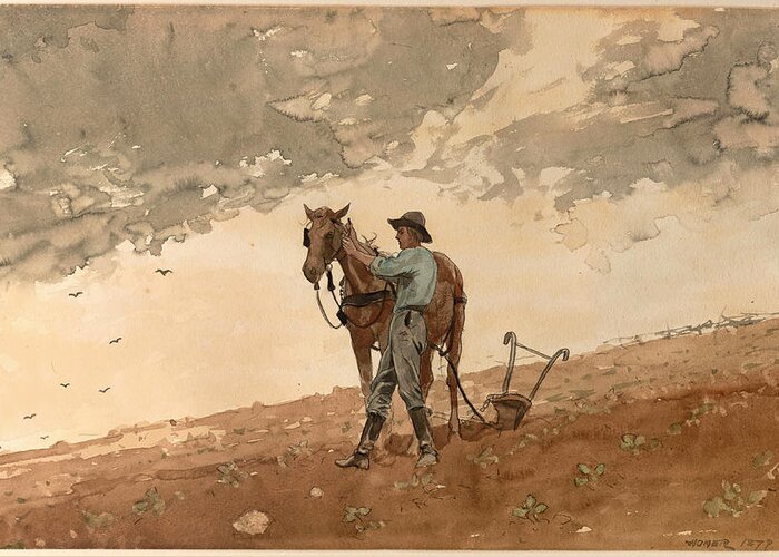 Winslow Homer Greeting Card featuring the drawing Man with Plow Horse by Winslow Homer