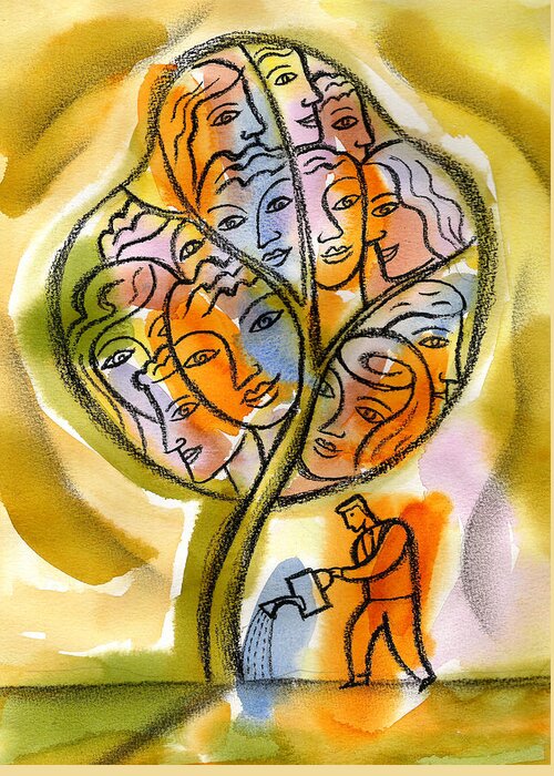 Administration Anticipation Assistance Bureaucracy Care Caring Color Color Image Colour Developing Development Drawing Expectation Female Future Group Grow Growing Growth Illustration Illustration And Painting Large Group Of People Male Man Manager Men And Women Nurture People Person Potential Supervisor Support Supportive Vertical Watering Woman Workforce Greeting Card featuring the painting Manager #2 by Leon Zernitsky