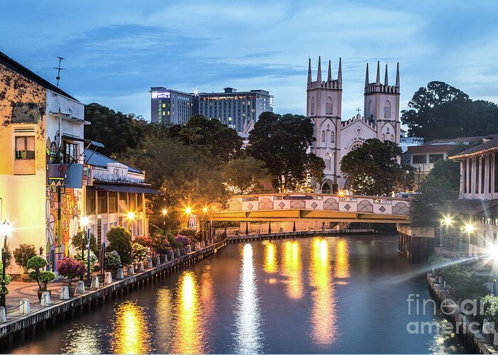 Ancient Greeting Card featuring the photograph Melaka at night in Malaysia #1 by Didier Marti