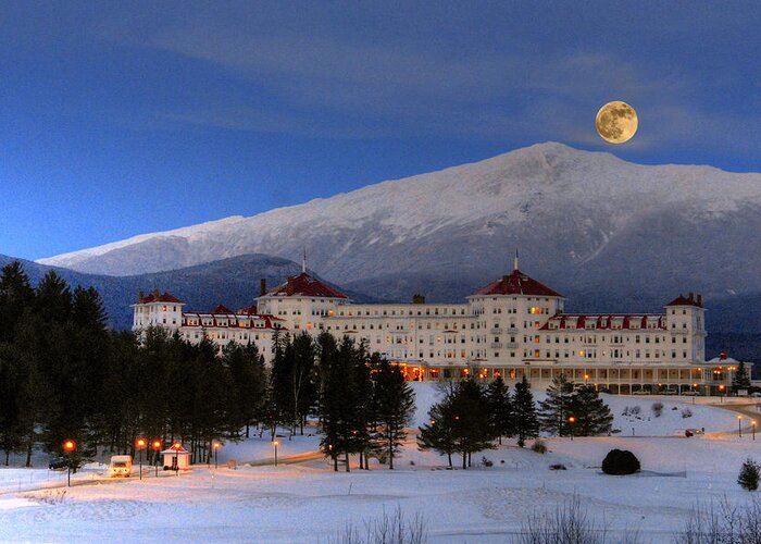 Mount Washington Hotel Greeting Card featuring the photograph Moonrise over the Mount Washington Hotel #1 by Ken Stampfer