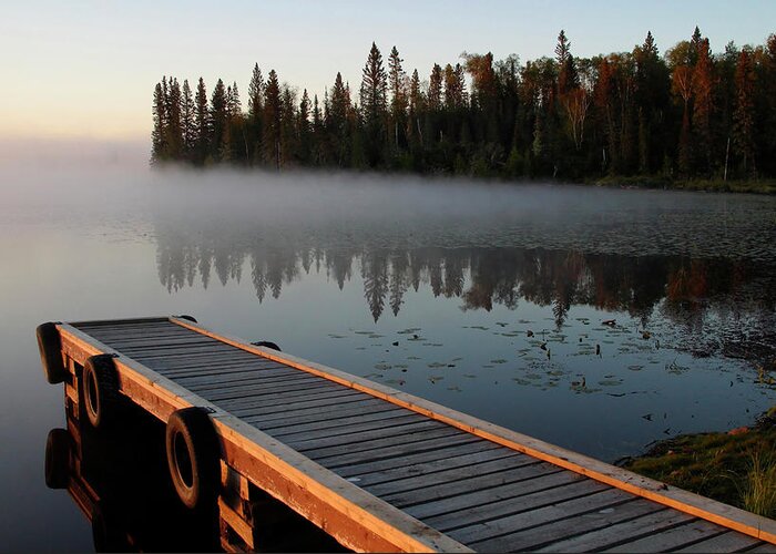 Mist Greeting Card featuring the digital art Morning mist over Lynx Lake in Northern Saskatchewan #1 by Mark Duffy