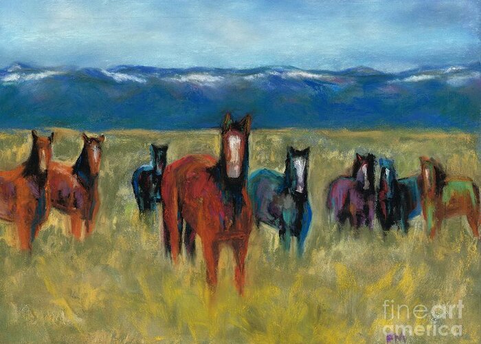 Mustangs Greeting Card featuring the painting Mustangs in Southern Colorado #1 by Frances Marino