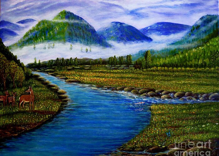 Soft Fog/mist Drifting Through Blue Purple Mountains With Lush Vegetation Soft Wispy Clouds With Abstract Of Eagle Mix Of Evergreens And Deciduous Trees On Mountains Slope/in Background Golden Green Grass With Yellow White Red Wildflowers In The Fields Surrounding Crystal Blue River With Smooth River Rocks Subtle Shape Of Grizzly Bear In The Distance Stalking Doe And Her Two Fawns Next To The River Three Fish Swimming In A Diverted Stream Three Colorful Butterflies In Foreground Acrylic Painting Greeting Card featuring the painting My Morning Walk with God in the Springtime by Kimberlee Baxter