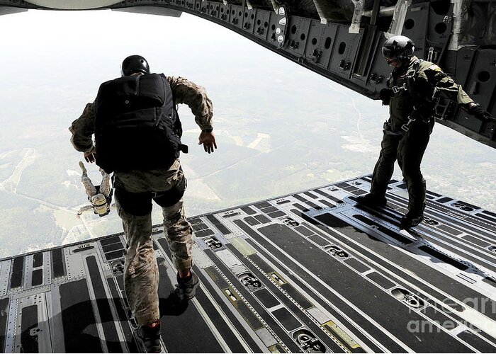 Horizontal Greeting Card featuring the photograph Navy Seals Jump From The Ramp Of A C-17 #1 by Stocktrek Images