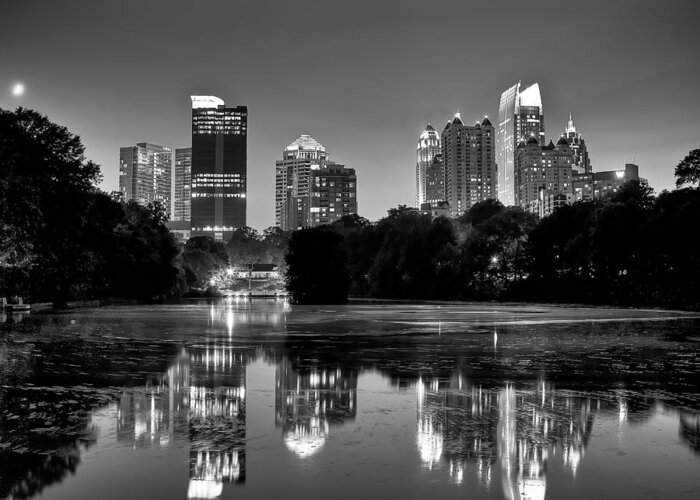 Night Greeting Card featuring the photograph Night Atlanta.Piedmont Park lake. by Anna Rumiantseva