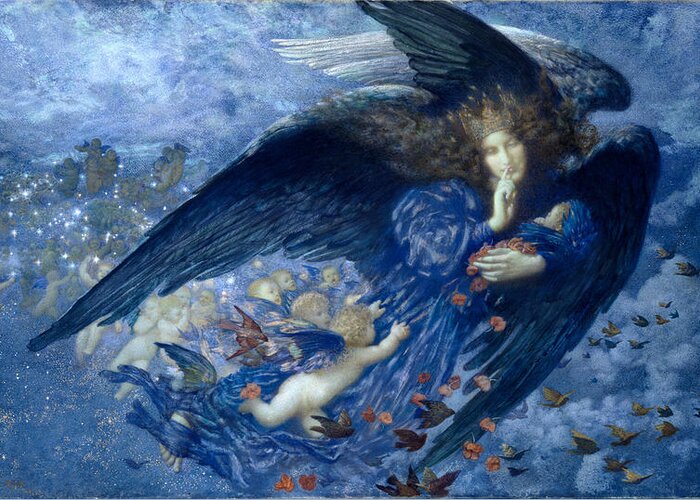 Edward Robert Hughes Greeting Card featuring the painting Night With Her Train Of Stars #1 by Edward Robert Hughes