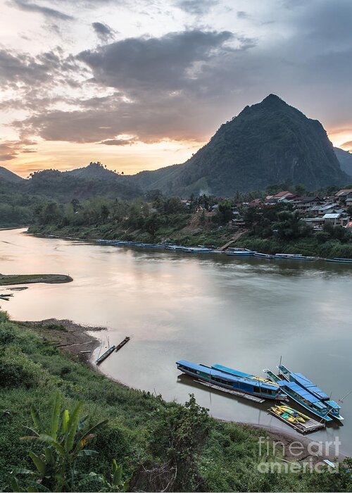 Asia Greeting Card featuring the photograph Nong Khiaw sunset in north Laos #1 by Didier Marti