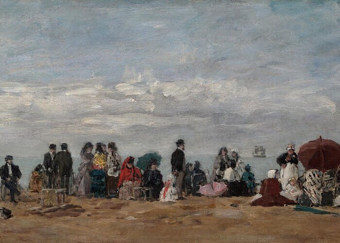 On The Beach By Eugène Boudin Greeting Card featuring the painting On the Beach #1 by Eugene Boudin