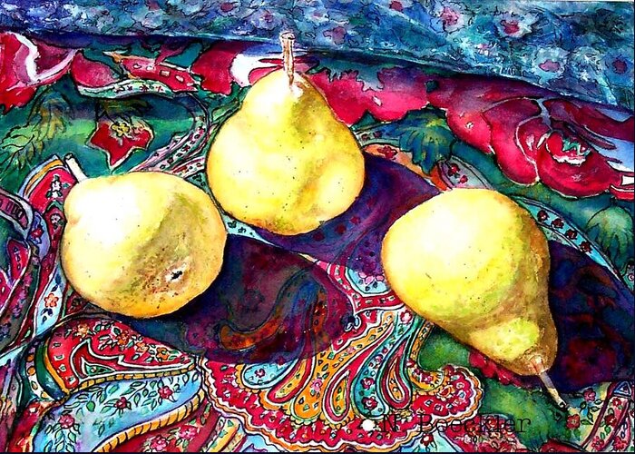 Pears Greeting Card featuring the painting Pears and Paisley by Norma Boeckler