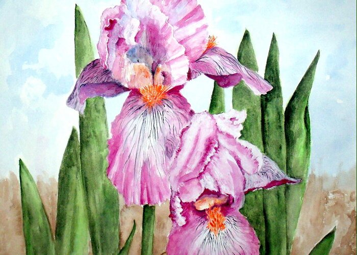 Flower Greeting Card featuring the painting Pink Iris #1 by Carol Grimes