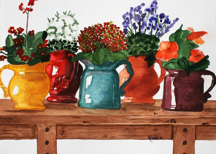 Flowers Greeting Card featuring the painting Pitchers in Bloom #1 by Michele Turney
