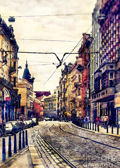 Prague Greeting Card featuring the painting Prague street watercolor #1 by Justyna Jaszke JBJart