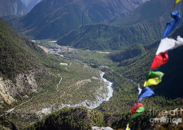 Nepal Greeting Card featuring the photograph Prayer flags in the Himalaya mountains, Annapurna region, Nepal #1 by Raimond Klavins