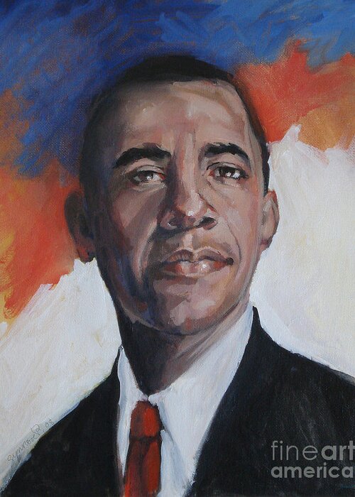 Portrait Greeting Card featuring the painting President Barack Obama #1 by Synnove Pettersen