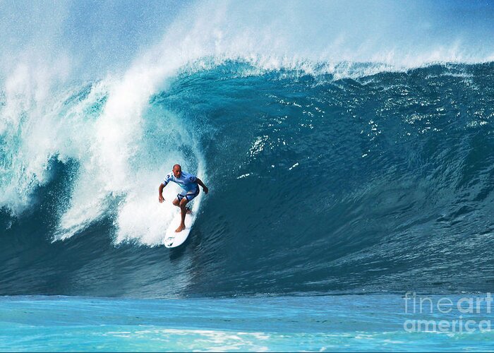 Kelly Slater Greeting Card featuring the photograph Pro Surfer Kelly Slater Surfing in the Pipeline Masters Contest #1 by Paul Topp