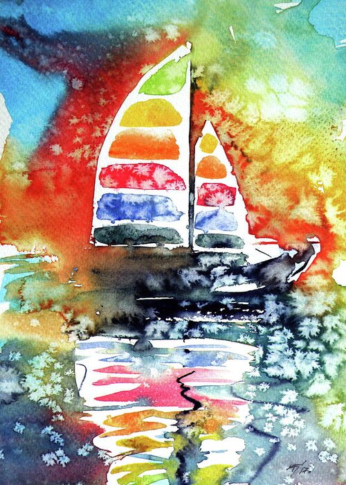Sailboat Greeting Card featuring the painting Rainbow sailboat at sunset #1 by Kovacs Anna Brigitta