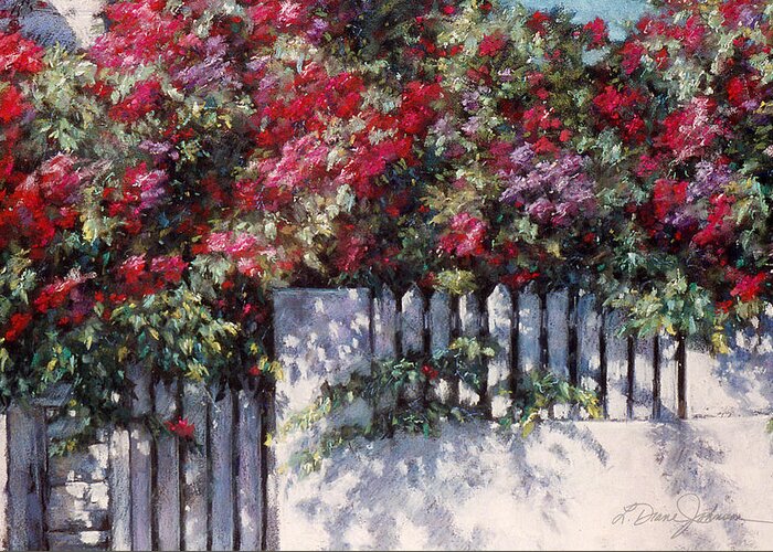 Climbing Roses On White Fence Greeting Card featuring the painting Ramblin Rose by L Diane Johnson