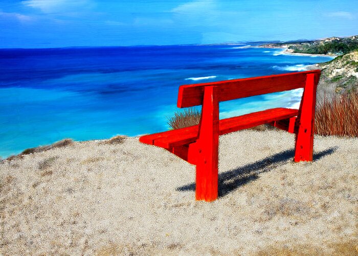 Beach Greeting Card featuring the painting Red Bench on the Beach #1 by Bruce Nutting