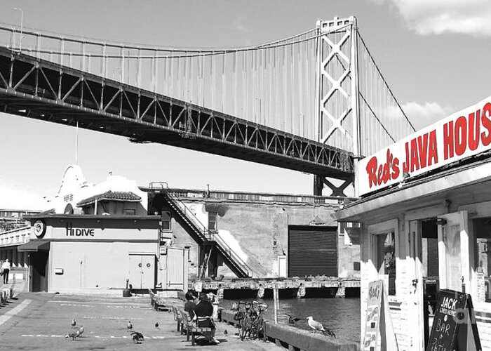Wingsdomain Greeting Card featuring the photograph Reds Java House and The Bay Bridge in San Francisco Embarcadero #1 by San Francisco