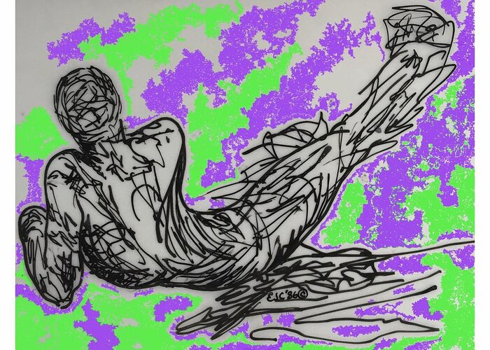 Man Male Nude Resting Reclining Digital Pen And Ink Drawing Greeting Card featuring the digital art Resting #2 by Erika Jean Chamberlin