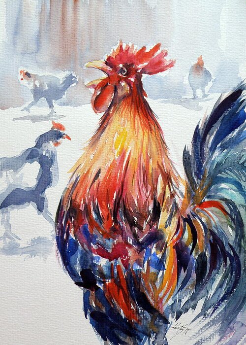 Animal Greeting Card featuring the painting Rooster #4 by Kovacs Anna Brigitta