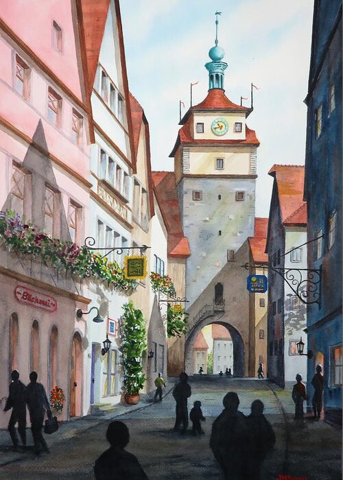 Tower Greeting Card featuring the painting Rothenburg Tower by Joseph Burger