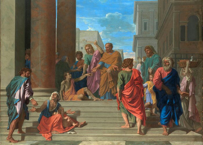Nicolas Poussin Greeting Card featuring the painting Saints Peter and John Healing the Lame Man #4 by Nicolas Poussin