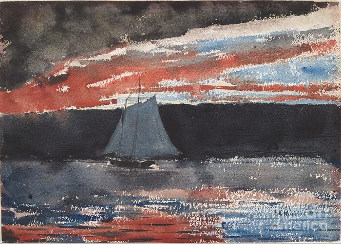 Winslow Homer Greeting Card featuring the painting Schooner at Sunset #2 by MotionAge Designs