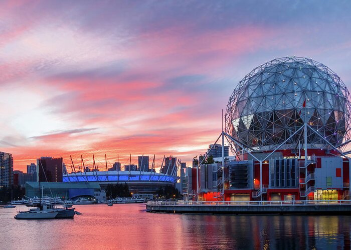 Canada Greeting Card featuring the photograph Science World and BC Place Stadium at Sunset. Vancouver, BC by Rick Deacon