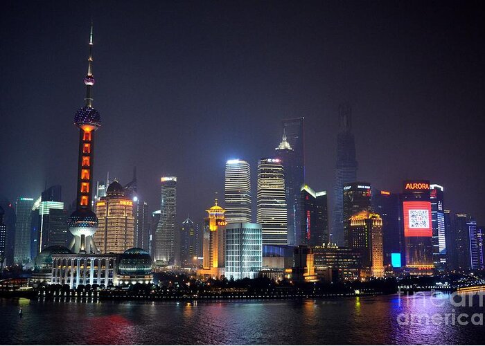 Shanghai Greeting Card featuring the photograph Shanghai China skyline at night from Bund #1 by Imran Ahmed
