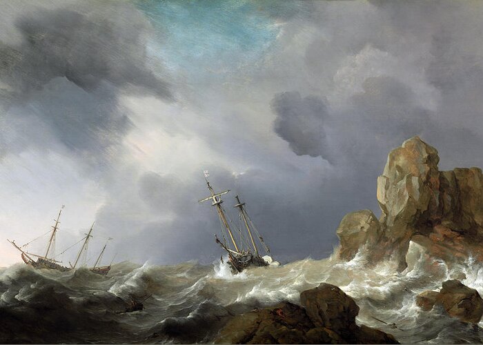 Willem Van De Velde The Younger Greeting Card featuring the painting Ships in a Gale #1 by Willem van de Velde the Younger