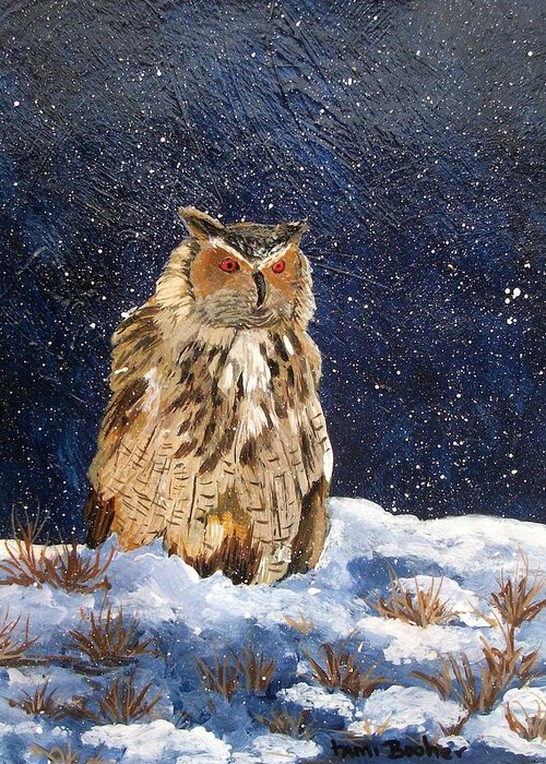 Owl Greeting Card featuring the painting Siberian Eagle Owl #1 by Tami Booher