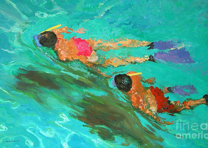 Swimmers; Swimming; Snorkeling; Tropical; Summer; Holiday; Vacation; Mediterranean; Sea; Snorkelers; Water; Green; Blue Greeting Card featuring the painting Snorkelers by William Ireland