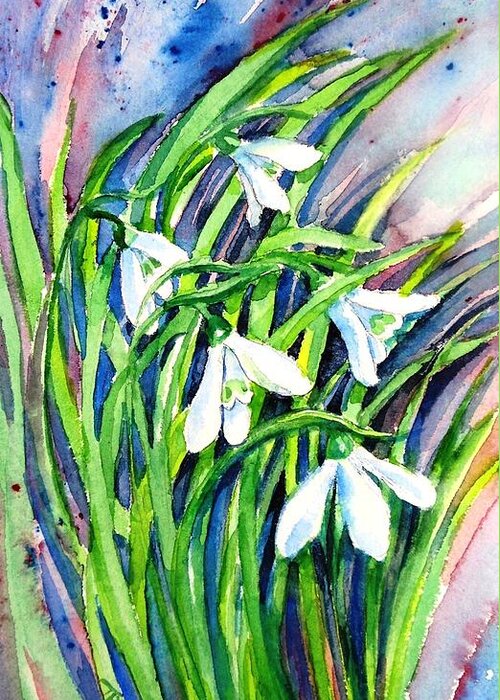 Snowdrops Greeting Card featuring the painting Snowdrops in the Wind  by Trudi Doyle