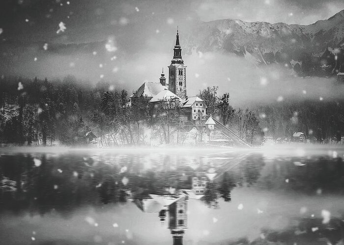 Lake Bled Greeting Card featuring the photograph Snowing Over Lake Bled #1 by Mountain Dreams