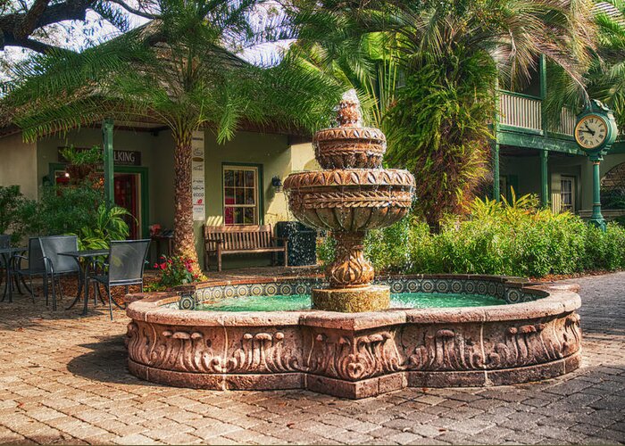 Fountain; Spanish; St. Augustine; Florida; St. George Street; Shops Greeting Card featuring the photograph Spanish Fountain #1 by Mick Burkey