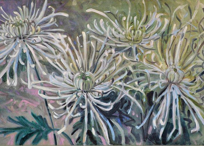 Chrysanthemums Greeting Card featuring the painting Spider Mums by Donald Maier