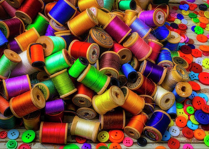 Spools Greeting Card featuring the photograph Spools Of Thread With Buttons #2 by Garry Gay