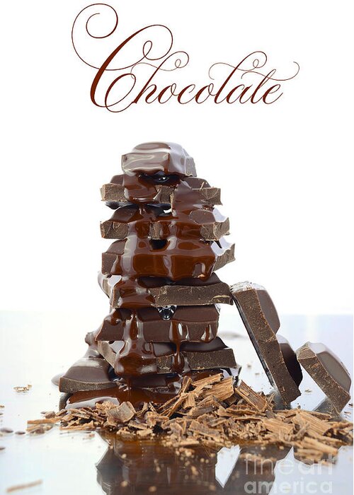 Bar Greeting Card featuring the photograph Stack of chocolate on reflective glass #2 by Milleflore Images