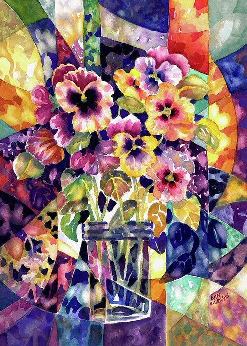 Watercolor Greeting Card featuring the painting Stained Glass Pansies #1 by Ann Nicholson