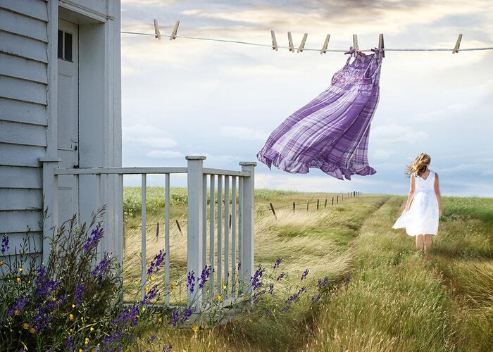 Atmosphere Greeting Card featuring the photograph Summer dress blowing on clothesline with girl walking down path #3 by Sandra Cunningham
