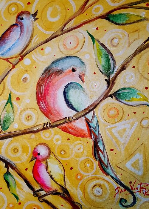 Golden Reds Three Birds Perched Tree Greeting Card featuring the painting Sunshine Birds by Jan VonBokel