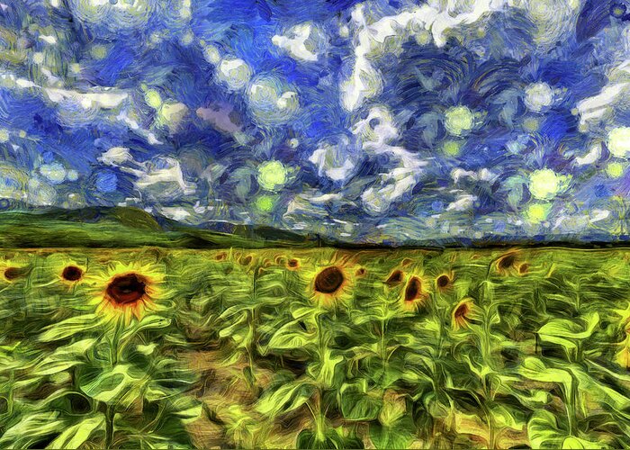 Van Gogh Greeting Card featuring the mixed media Sunflower Field Van Gogh #1 by David Pyatt