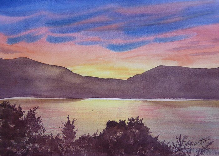Sunsets Greeting Card featuring the painting Sunset at Woodhead Campground #1 by Joel Deutsch