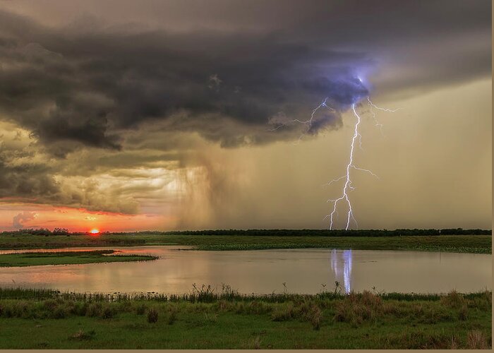 Lightning Greeting Card featuring the photograph Sunset Lightning #1 by Justin Battles