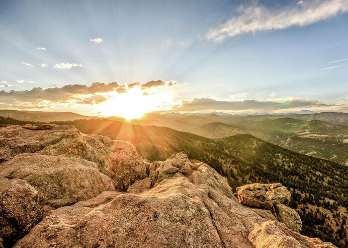 Boulder Greeting Card featuring the photograph Sunset over the Mountains of Flaggstaff Road in Boulder, Colorad #1 by Peter Ciro