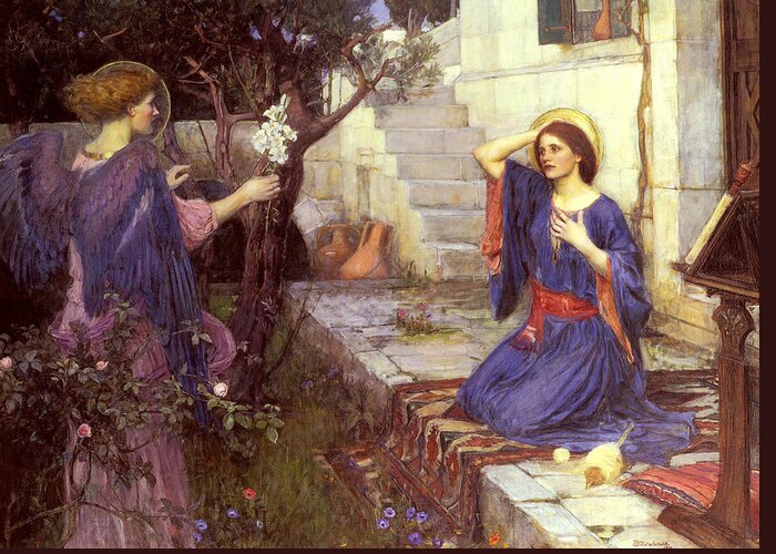 John William Waterhouse Greeting Card featuring the painting The Annunciation, from 1914 by John William Waterhouse