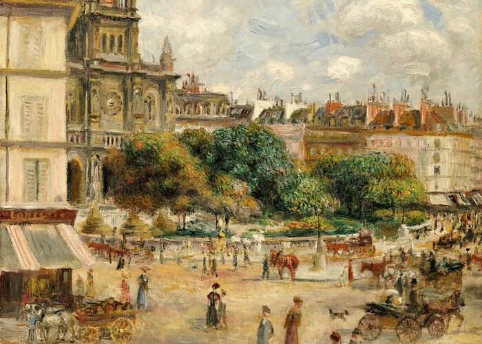 Impressionist; Impressionism; Landscape; River; Town; Tree; People Greeting Card featuring the painting Place de la Trinite, 1893 by Pierre Auguste Renoir